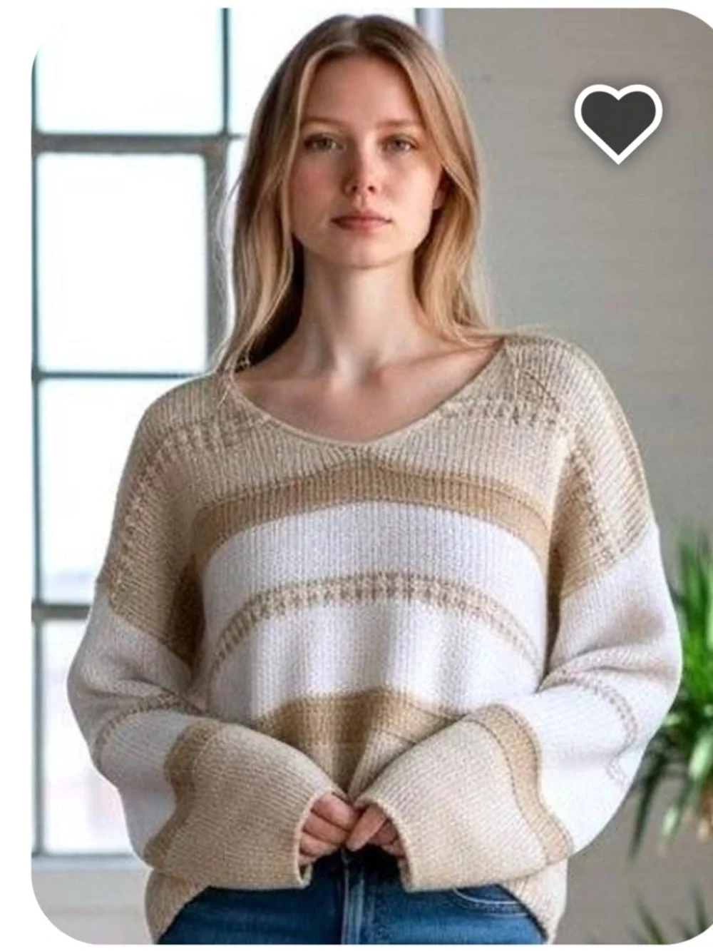 Sincerely Jules Cozy Striped V-Neck Sweater in Cream and Tan